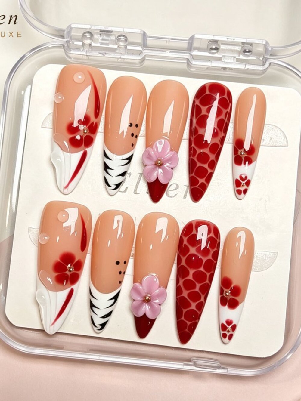 Peach & Wine Floral With White French Tips Stiletto Handmade Press On Nails